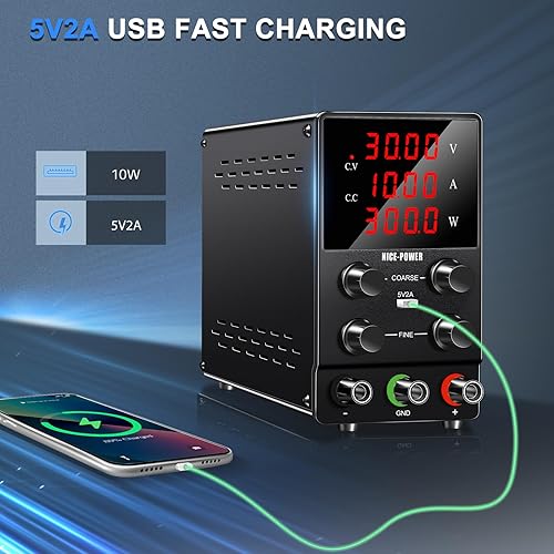 Miniatura 5 de NICE-POWER Fuente de alimentación CC variable 30V 10A Conmutación ajustable Regulada Alta precisión Pantalla LED de 4 dígitos Puerto USB 5V2A Prueba