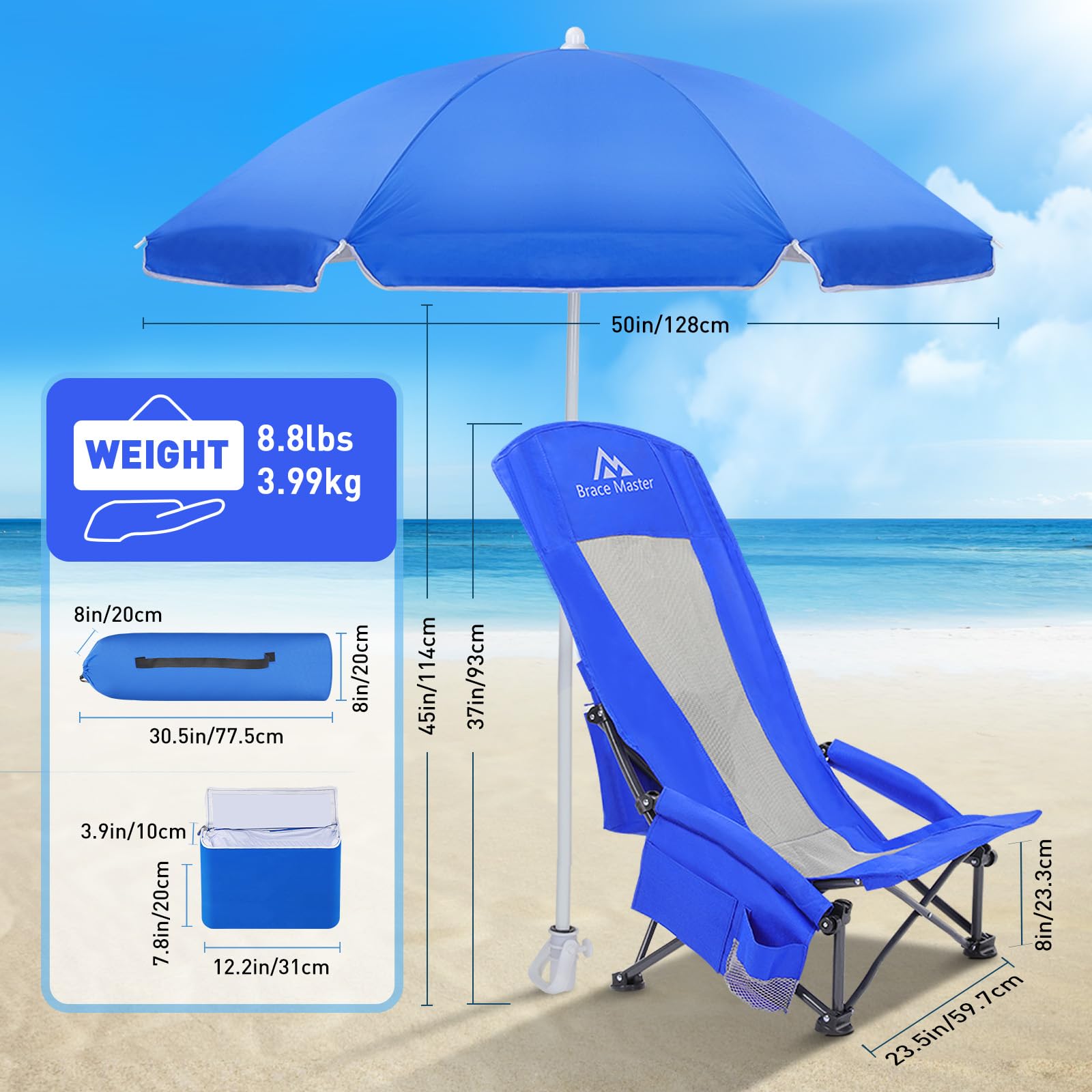Brace Master 2 Pcs Sedia da Spiaggia con 2 ombrelloni, Sedia da campeggio con Portabicchieri, Dispositivo di Raffreddamento E borsa per Telefono per Giardino Campeggio Spiaggina(Blu)