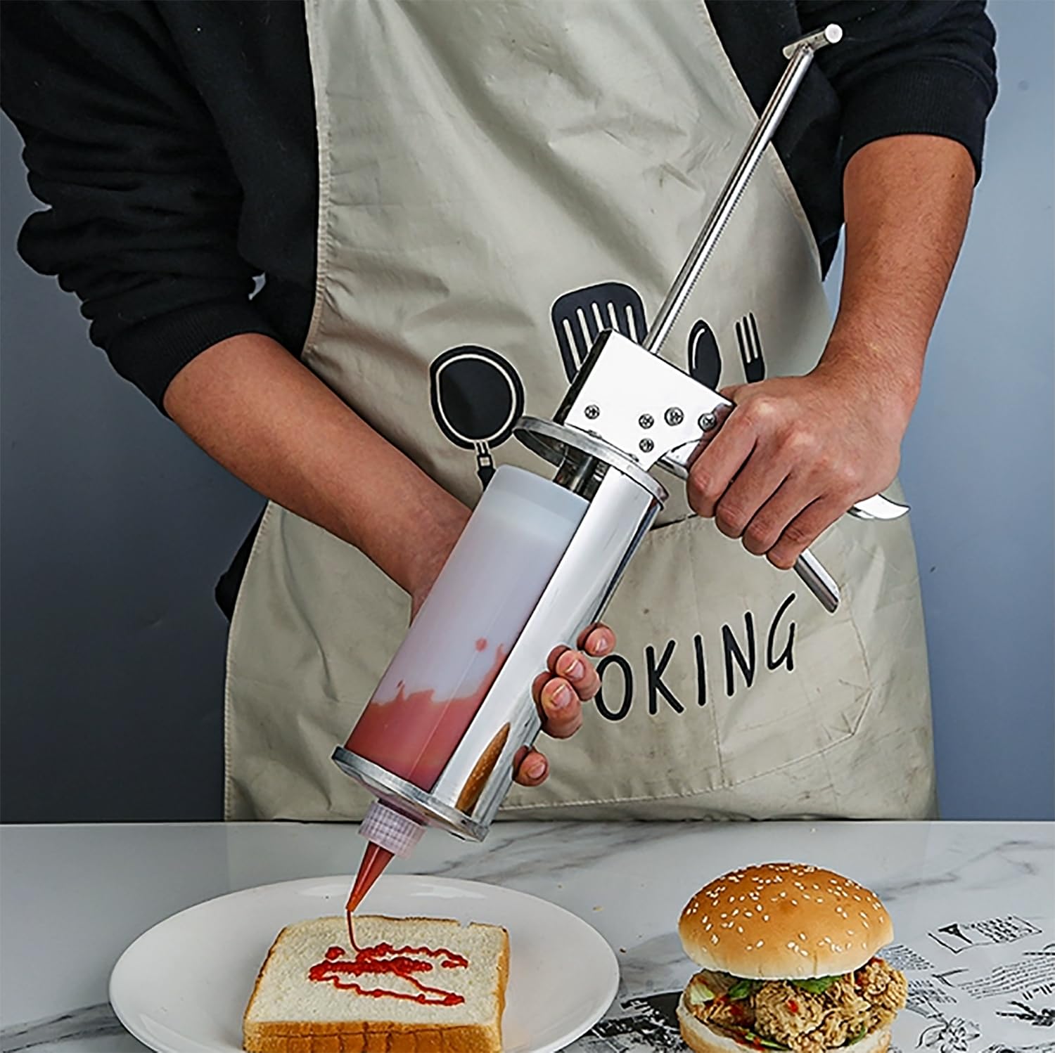 JOSBY Saucenpistolen-Spender, Edelstahl-Back-Burger-Sauce-Pistole mit Quetschflaschen, Salatdressing-Spender, für die Tomaten-/Salatdressing-/Erdbeersaucen-Bäckerei in der Küche zu Hause