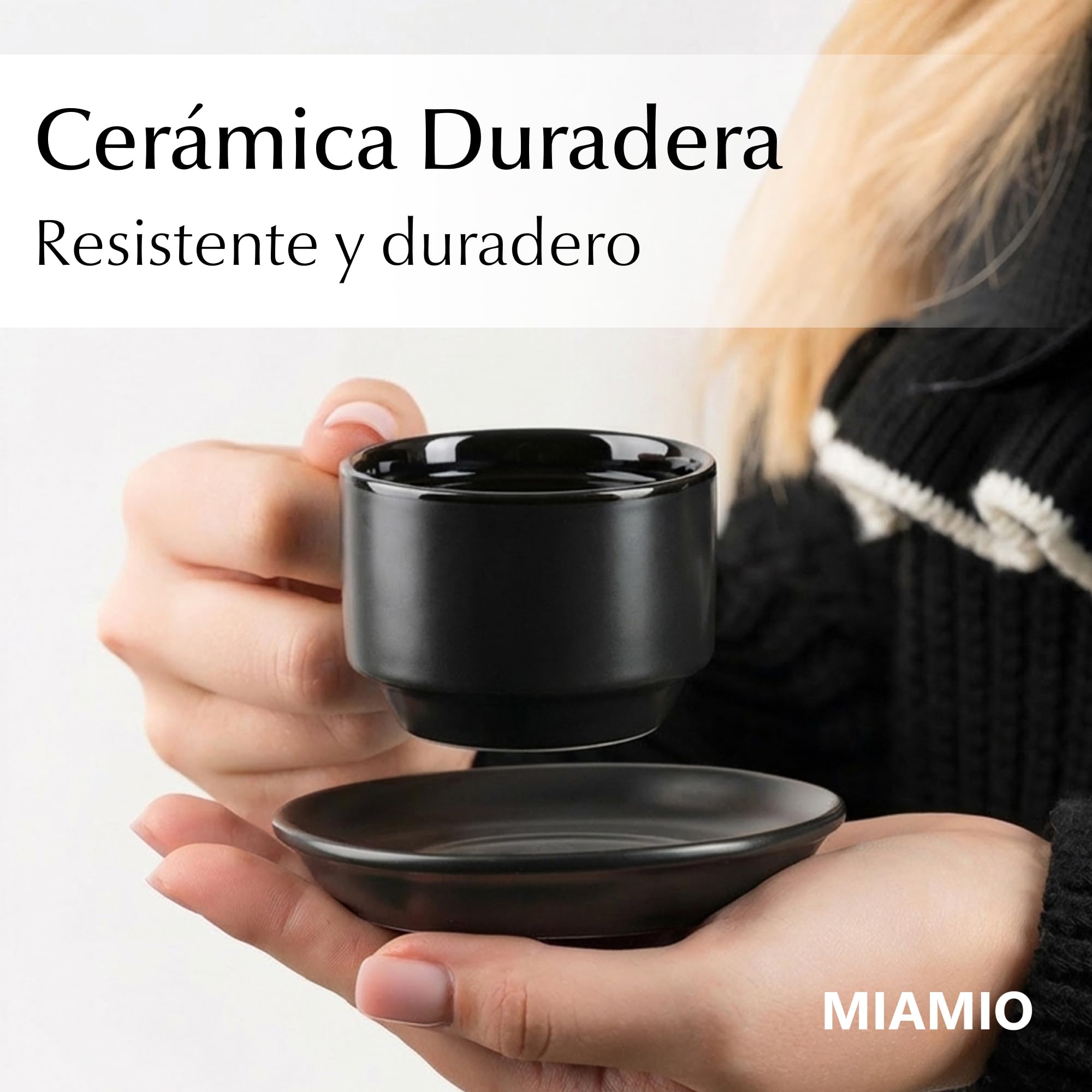 MIAMIO 6 x 75 ml Tazas Cafe Espresso De Cerámica de Gres - Juego De Tazas De Café con Plato - Le Papillon Colección (Negro)