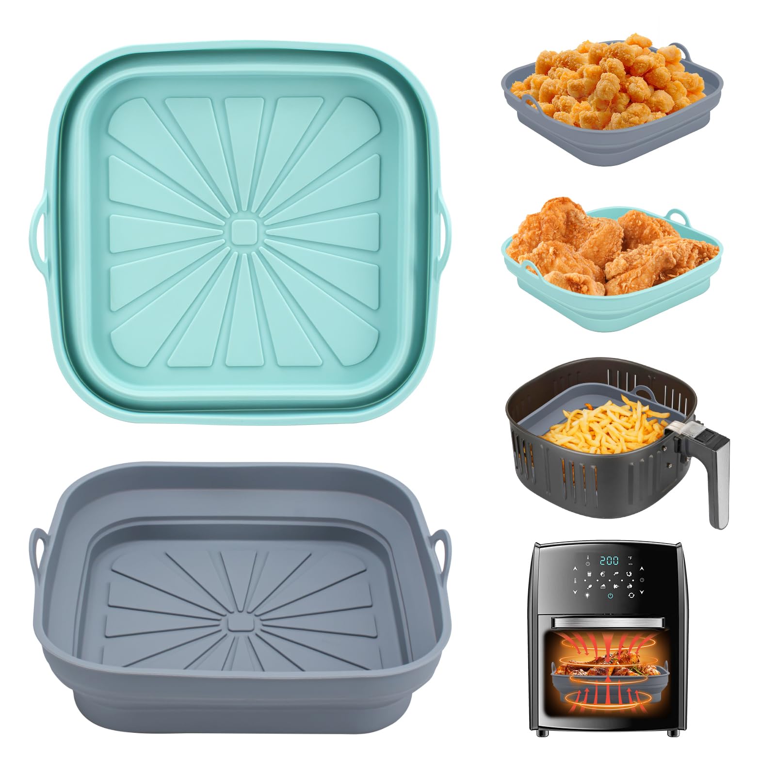 Alyvisun Moldes Silicona Freidora de Aire, 2 Piezas Bandeja Accesorios para Freidora sin Aceite Reutilizable Recipientes Cuadrado Cesta Utensilios para Air Fryer, Microondas, Horno (Azul Claro+Gris)