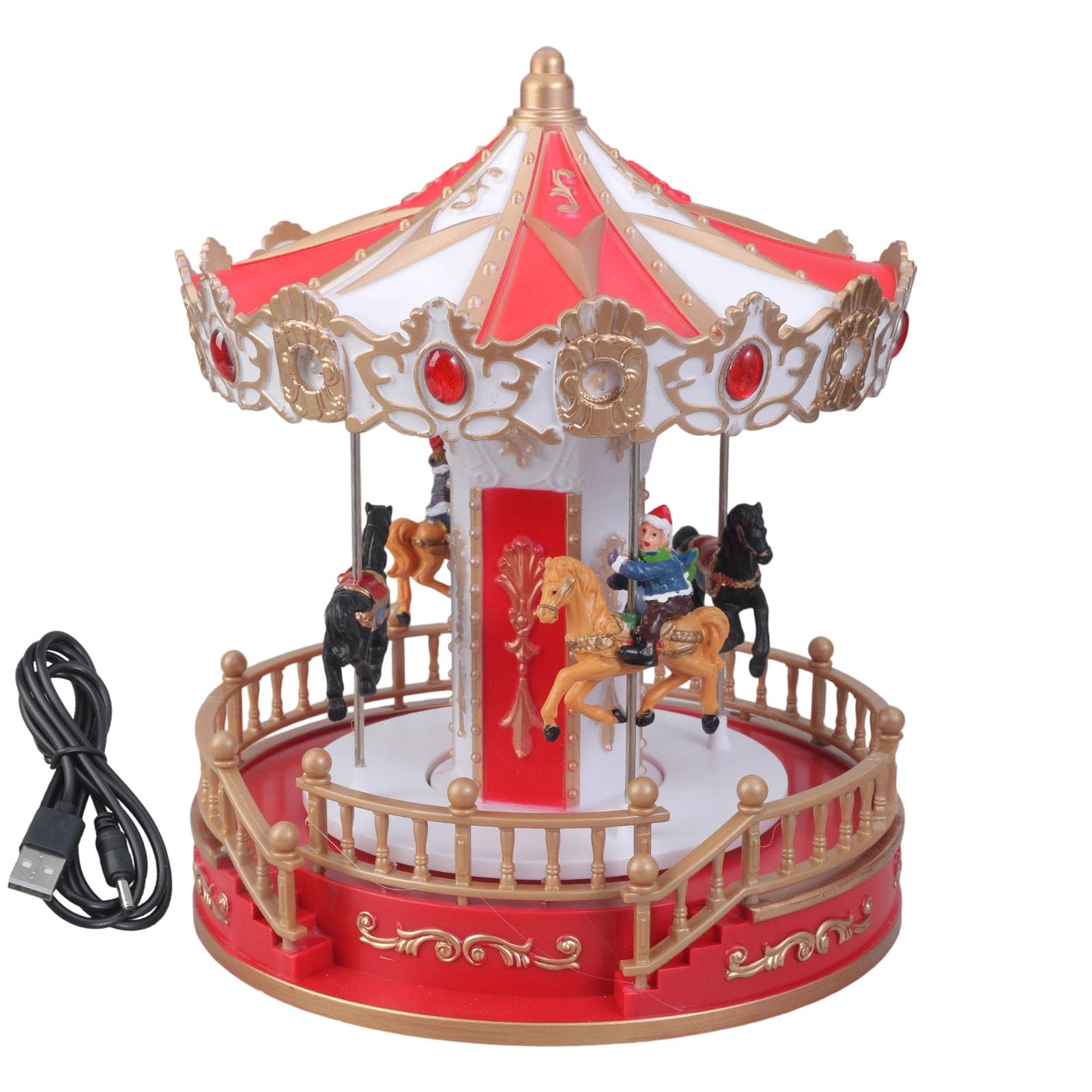 Jazuaiao Christmas Music Box 360 Degree Rotating Carousels Ornament with LED Light for Indoor Festives Desktop Shelves Decors Christmas Carousels Music Box with LED Light
