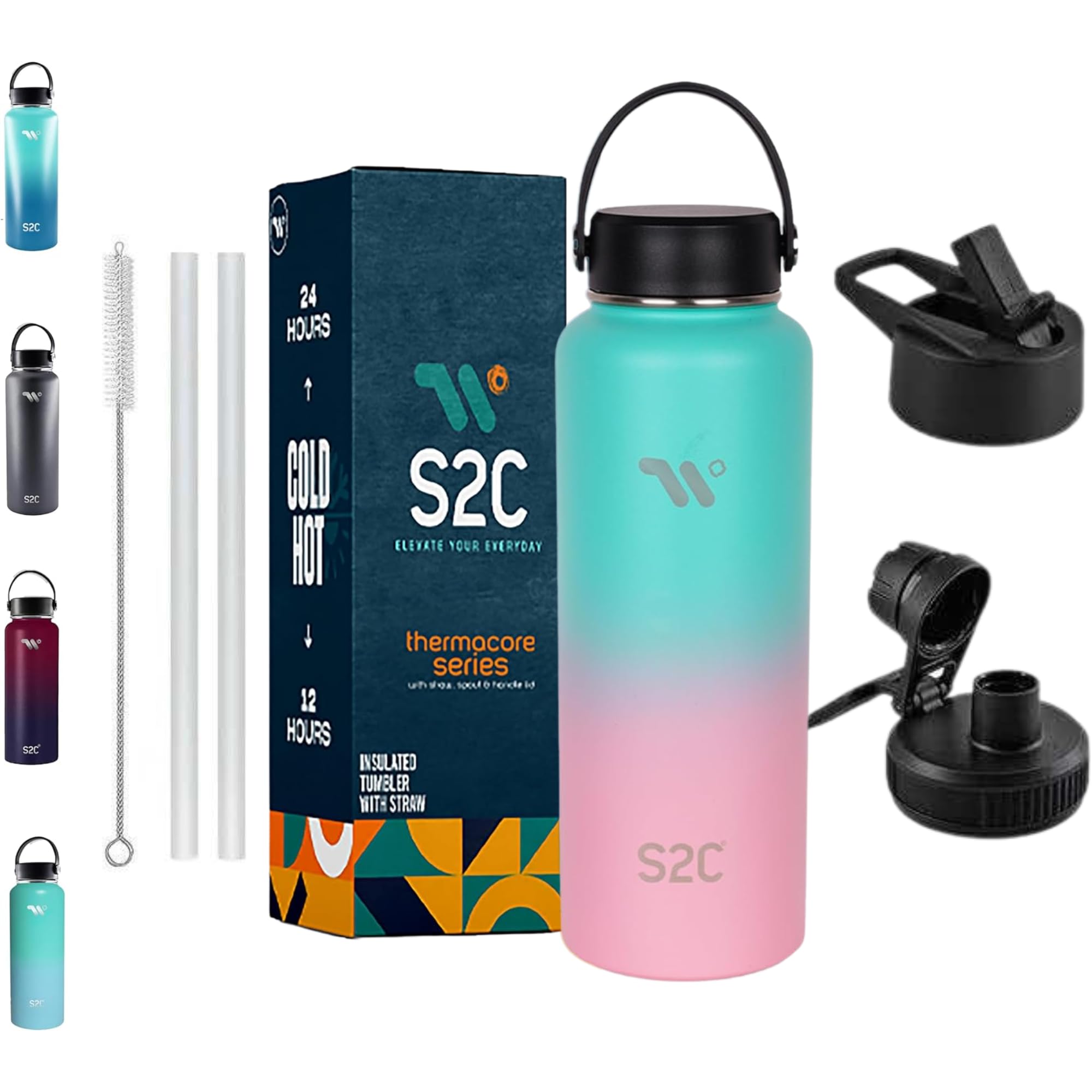 S2C 1200ML Insulated Water Bottle with 3 Lids, Double Wall,Leak Proof, Stainless Steel Bottle With Straw For Gym, Water Bottle Thermos Flask for Hot Water (BUBBLE GUM)