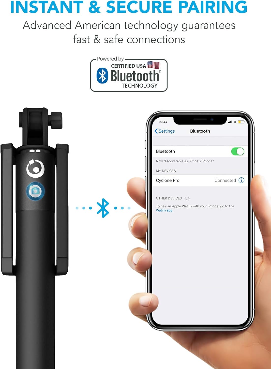 Premium Bluetooth Selfie Stick for iPhone X XR XS 11 10 8 7 6 5 Samsung Galaxy S10 S9 S8 S7 S6 S5, Android - Selfie Sticks (Powered by USA Technology) No Apps No Batteries No Downloads Required