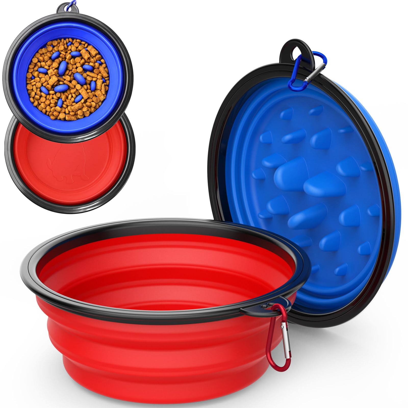 2 Pack [Slow Feeder Design + Regular], Collapsible Dog Bowl Travel Portable Pet Bowls, [34oz,1000ml] Foldable Food Water Feeding Dishes for Traveling Hiking Walking with Carabiners [Blue,Red]