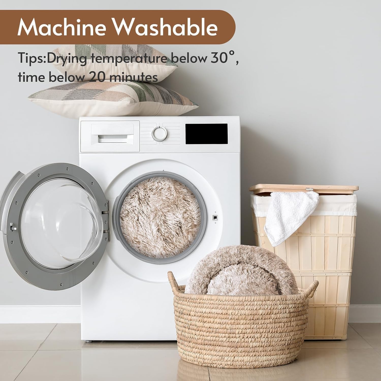 JOLLYVOGUE Calming Dog Beds Large Sized Dog, 36in Donut Washable Large Pet Bed, Anti-Slip & Anti-Anxiety Fluffy Faux Fur Round Dogs Bed, Fits up to 80 lbs Pets (Cream Brown)