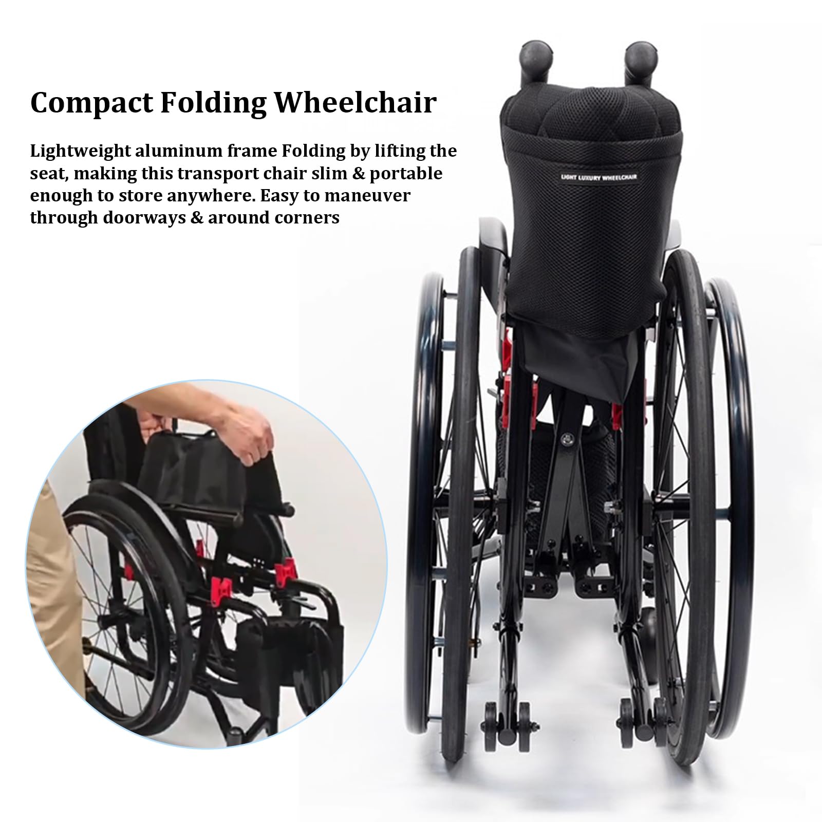 Sedia a rotelle Pieghevole, Carrozzina per disabili, Manuale, Cintura di Sicurezza, Leggera, Poggiapiedi Pieghevole(42cm/16.5in Seat,Black)