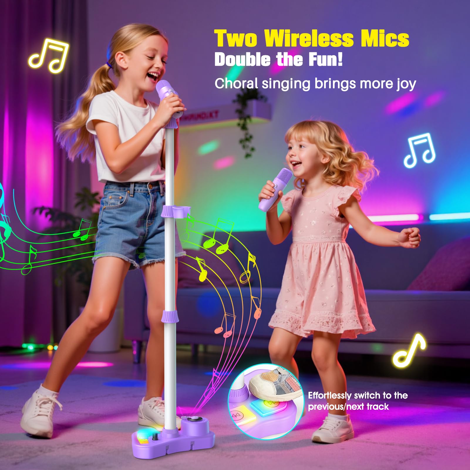 Dislocati Micrófono para Niños con Altavoz, Juguete Regalo para Niñas de 3 Años en Adelante, Soporte Ajustable 47-108 cm, Inalámbrico con Bluetooth, Luces LED, Morado