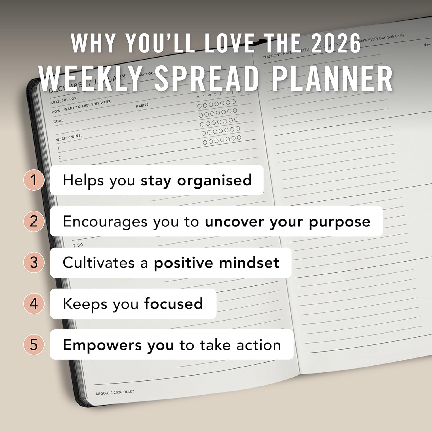 MI GOALS Weekly Spread Planner 2026 - Goal Setting Journal for Gratitude, Progress and Habit Tracking with Lined Notes, A5 (Black)