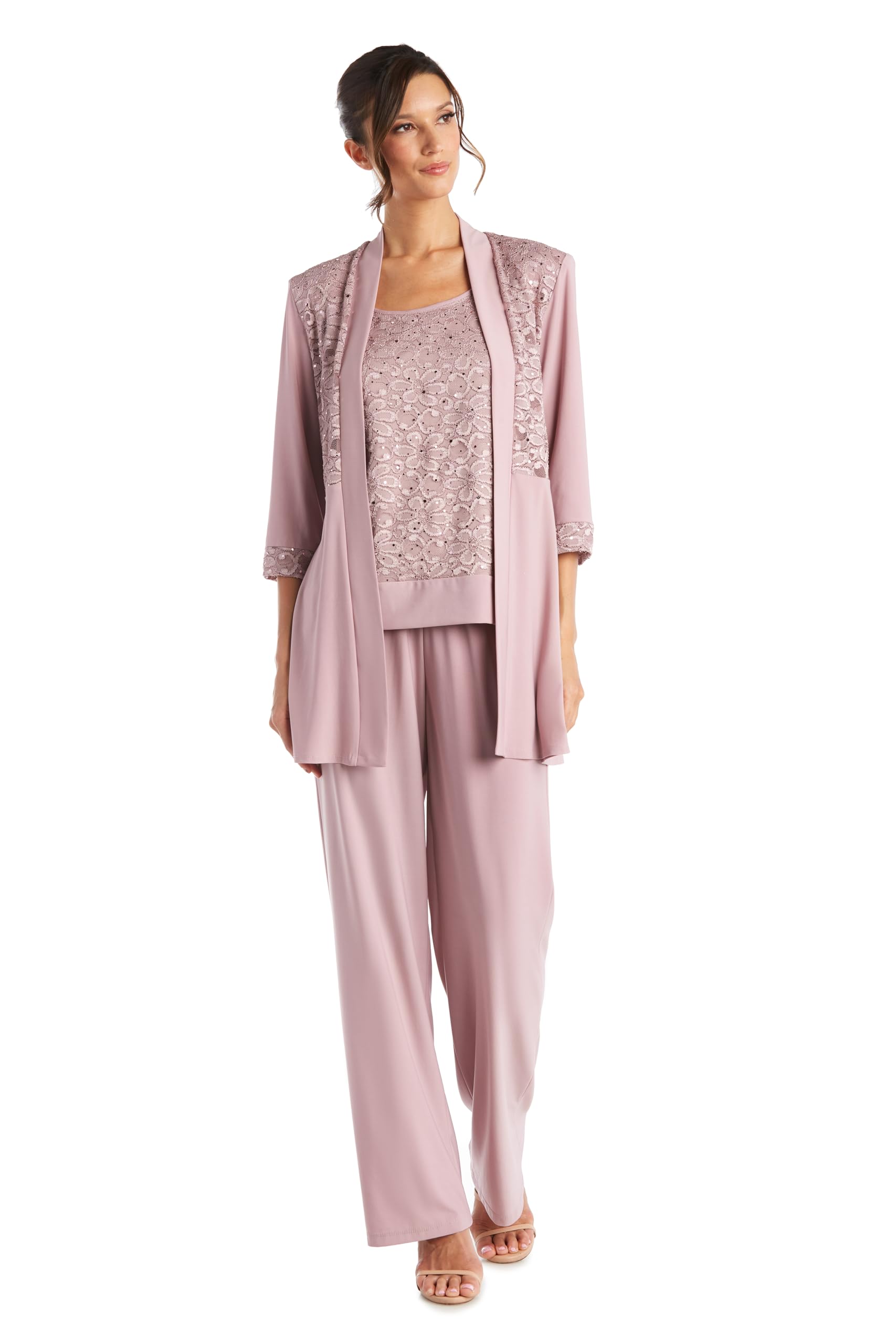 Photo 1 of R&M Richards Women's 2-Piece Glitter Lace Pantsuit - Elegant Mock Jacket & Straight Leg Pants Dressy Formal Set 16