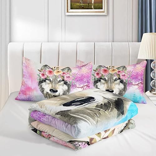 Miniatura 7 de Juego de edredón de lobo, juego de ropa de cama de lobo teñido anudado para niños y adolescentes, decoración romántica de animales salvajes rosa