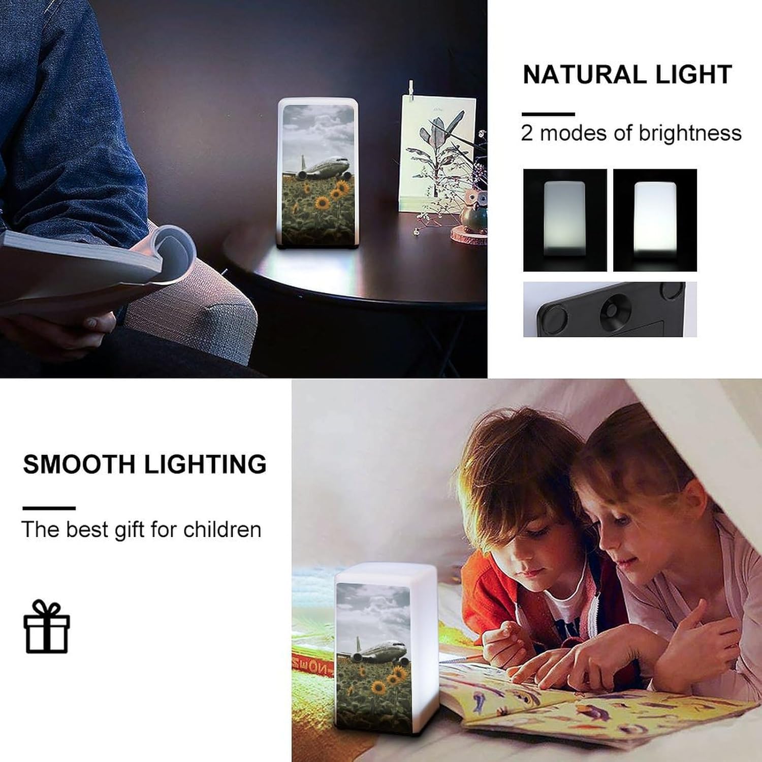 Desk Lamp Table Lamp with 2 Lighting Modes Battery Operated Plane Flies to Sunflower Field Reading Lamp for Bedroom Nightstand