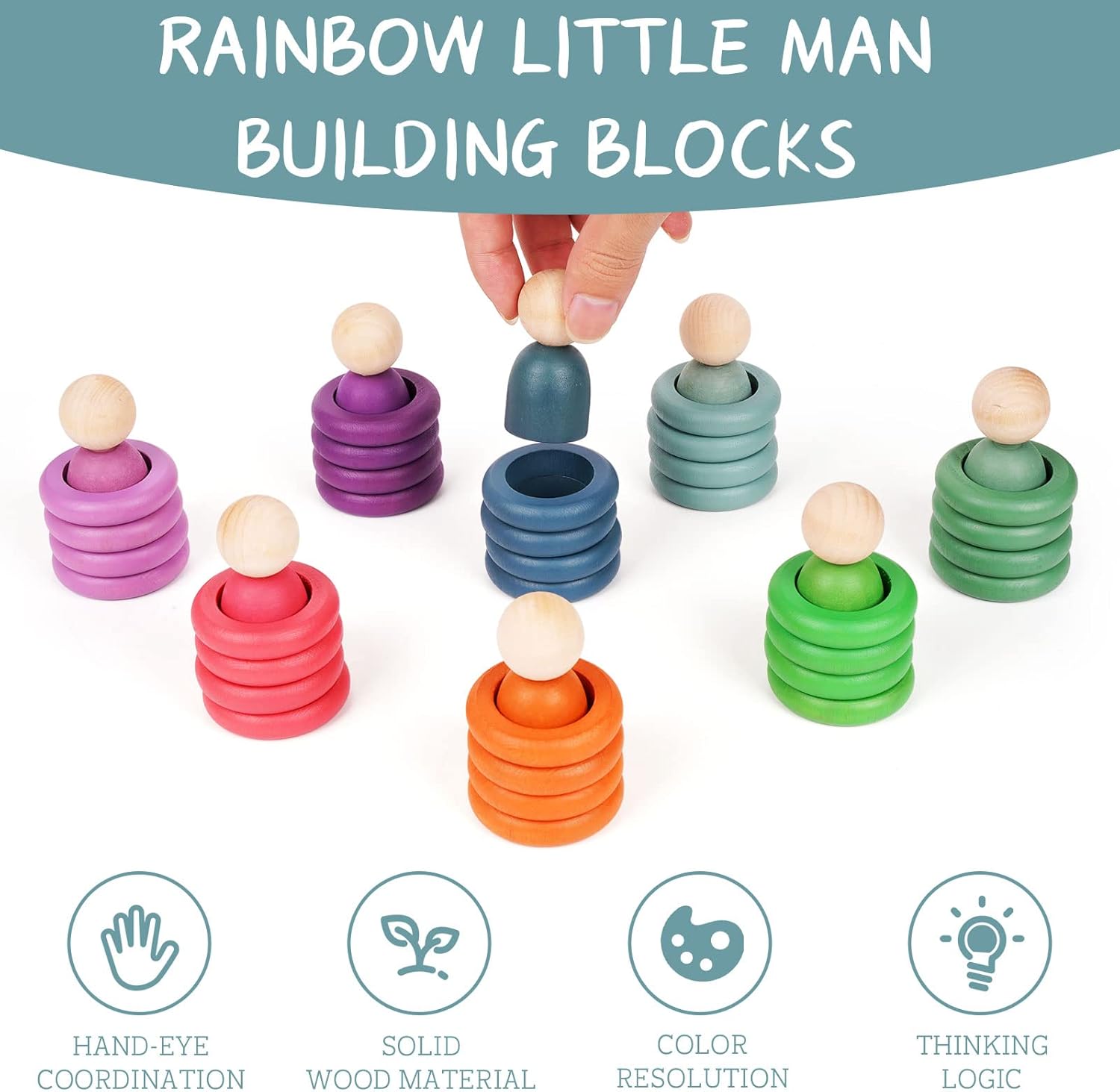Montessori Toys Wooden Color Sorting Stacking Rings Toy Rainbow Wooden Peg Dolls Counting Toys Circular Building Blocks Stacking Game Preschool Learning Education Fine Motor Skill Toys for Toddlers image 4