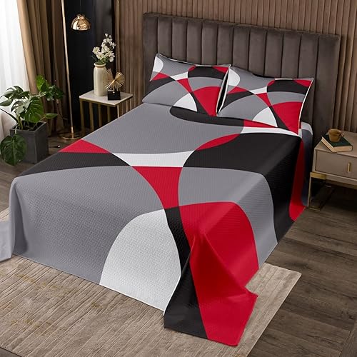 Miniatura 1 de Erosebridal Juego de ropa de cama moderna con diseño de rayas geométricas, tamaño Queen, gris, rojo y negro, juego de colcha de arte abstracto,