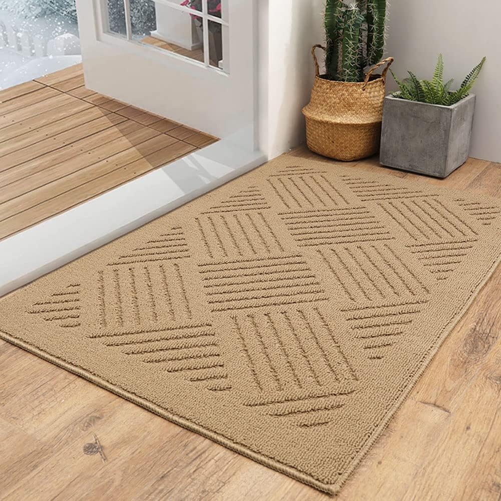 Indoor Doormat Absorbent and Resist Dirt Entrance Rug Non Slip Low-Profile Door Mat Front Door Rugs Indoor Machine Washable,20"x32" Brown