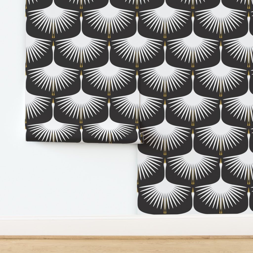 Spoonflower Removable Wallpaper 3ft x 2ft - Bird Black White Art Deco Feathers Swan midcentury Custom Pre-Pasted Wallpaper