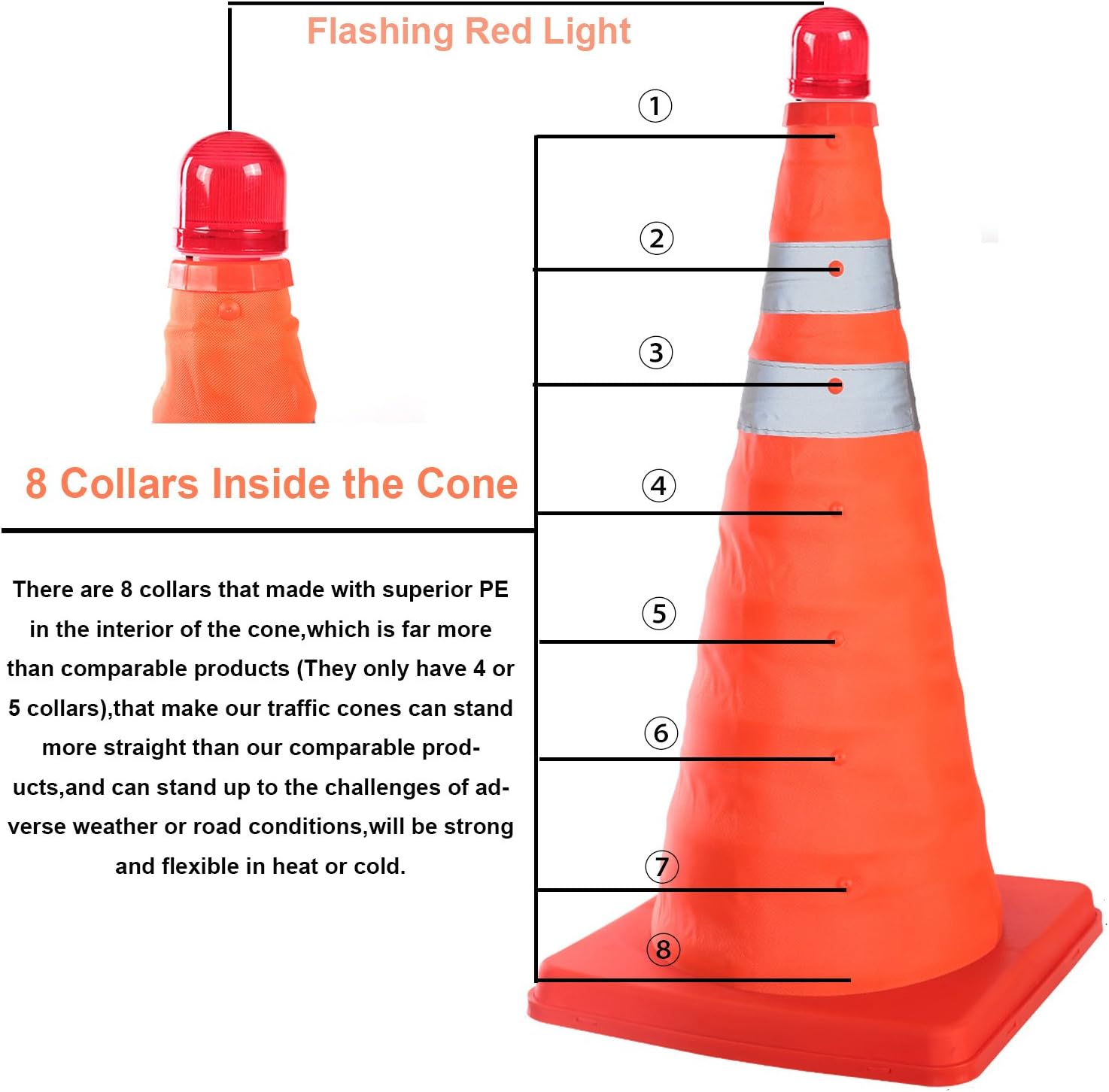 5PCS 18" Collapsible Traffic Cones with Nighttime LED Lights Pop up Safety Road Parking Cones Weighted Hazard Cones Construction Cones Fluorescent Orange w/2 Reflective Silver Strips Collar