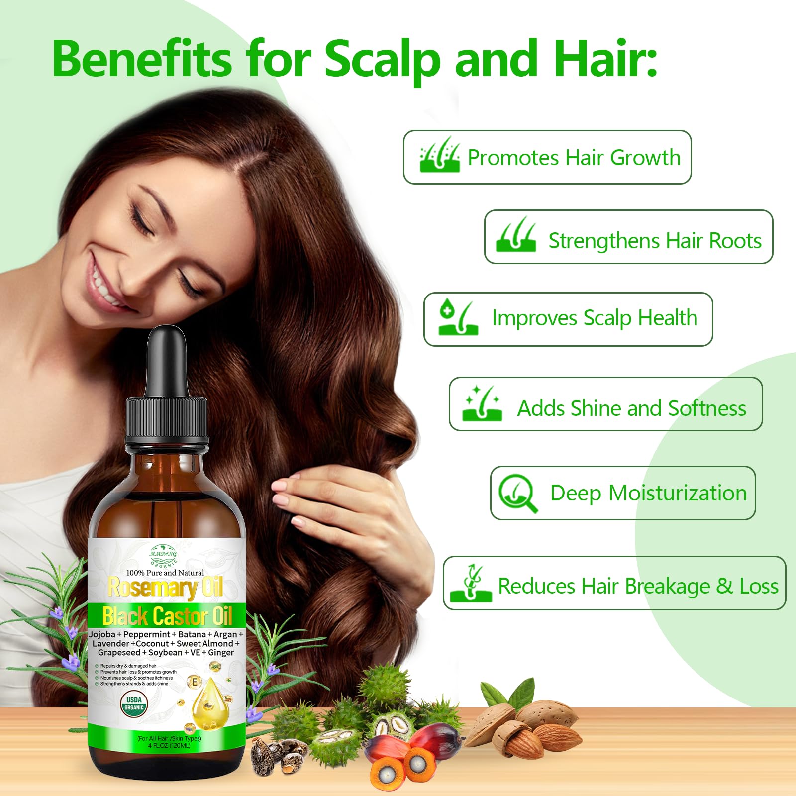 Aceite de romero para el crecimiento del cabello con ricino, mezcla orgánica prensada en frío, aceite natural para el cuero cabelludo, alivia la picazón del cuero cabelludo, repara el cabello seco y 2