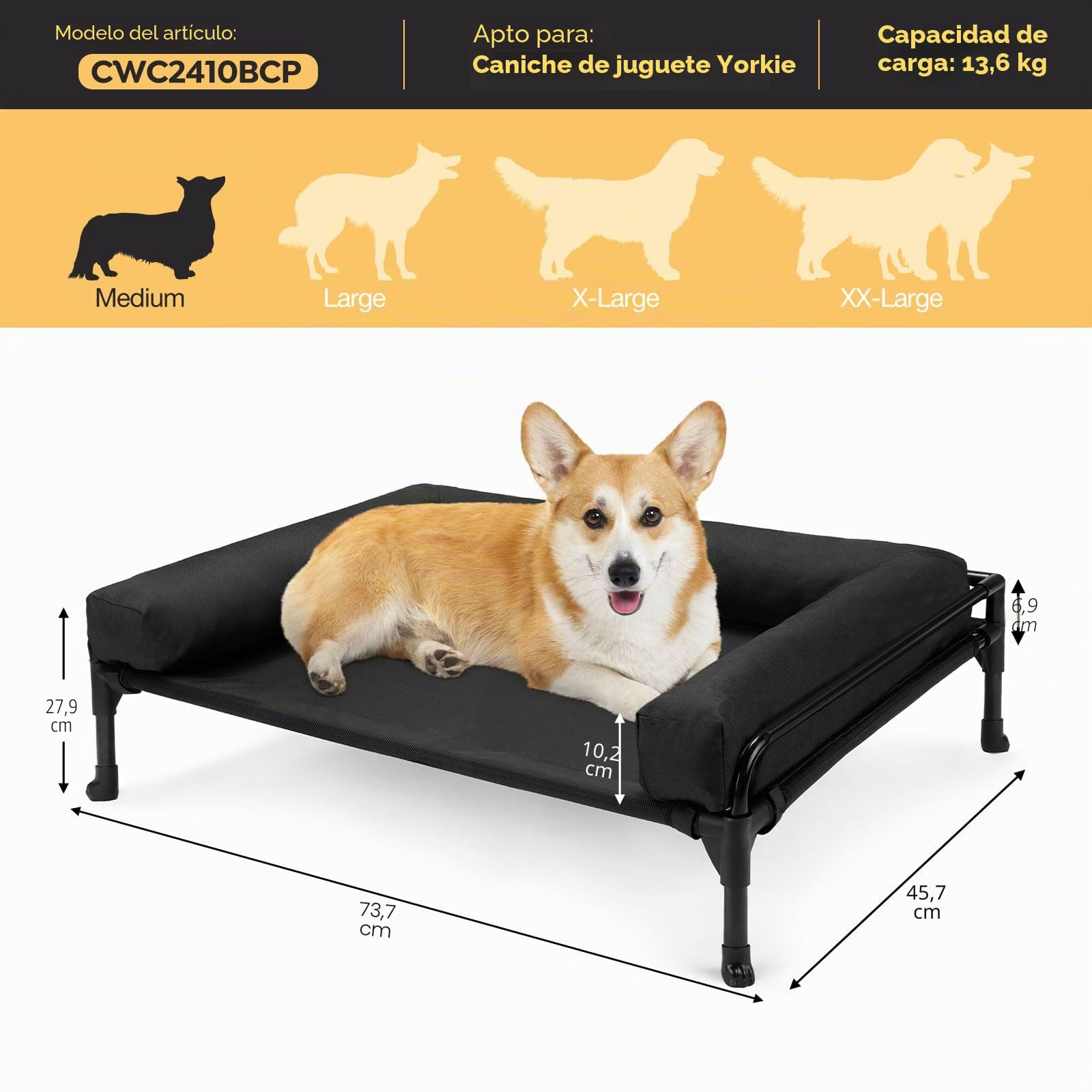 Veehoo Cama Elevada Perro Pequeño, Cama Perro Elevada con Almohadón Extraíble Lavable, Camas Refrescante Perro Camas de Mascotas Transpirable para Exterior Interior, Negro 74 x 46 x 18cm