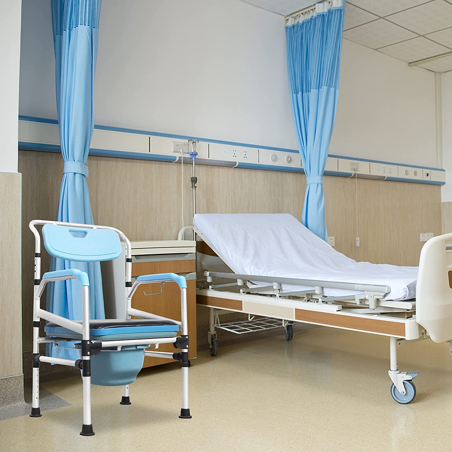 YUENFONG Silla de Ducha con Inodoro y Altura Ajustable, Taburete de Ducha con Cubo de Inodoro, Aluminio con reposabrazos y Respaldo, Silla Antideslizante para Ancianos, niños y Mujeres Embarazadas
