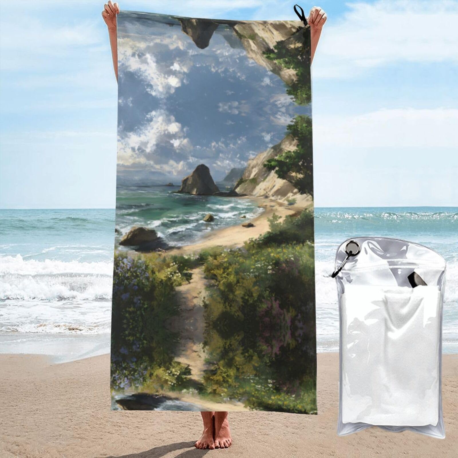 ESNAIUVCD Seaside Scenery Print Beach Towel, Microfibre Sauna Towel, Quick-Drying Fitness Towel, Lightweight And Thin Portable Sauna Towel