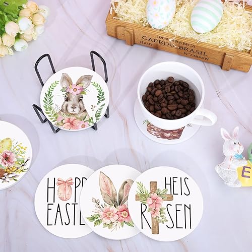 Miniatura 4 de Whaline Juego de 6 posavasos de cerámica de Pascua, conejito de Pascua, flores, posavasos con soporte para posavasos negros, posavasos absorbentes