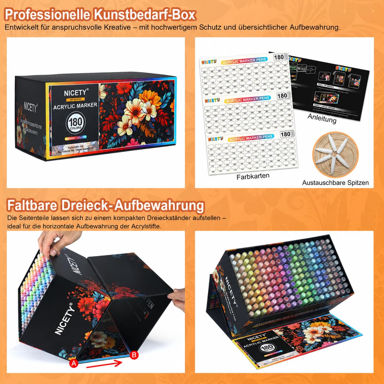 NICETY 180 Acrylstifte für Steine Wasserfest - Pinselspitze Acrylmarker für Steine, Holz, Stoff, Leinwand, Glas, Keramik, 1-6mm Multimarker Acrylfarben Marker Set