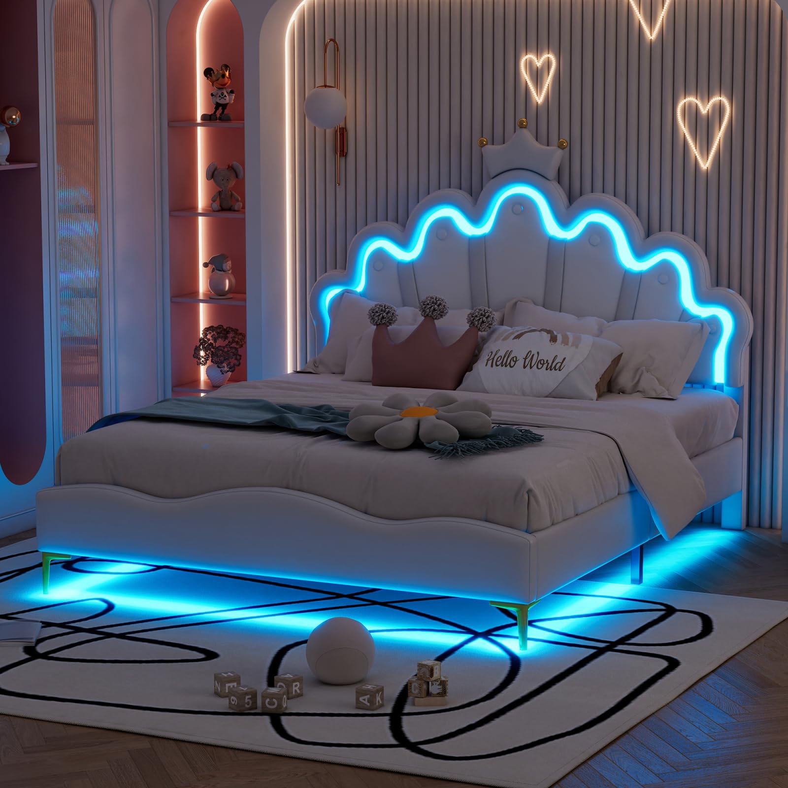 Letto per bambini imbottito 140x200 cm con LED, letto doppio per ragazza adolescente, testiera regolabile in altezza, design a forma di corona, rete a doghe, PU, senza materasso (bianco LED