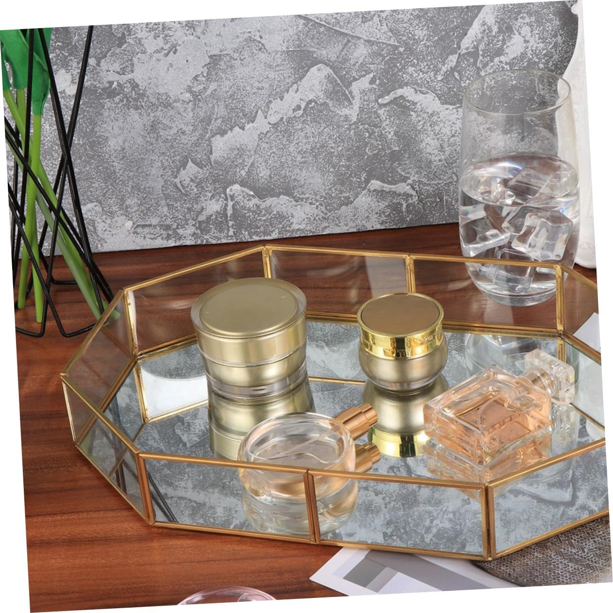 Copper Frame Mirrored Jewelry Tray Elongated Octagon Glass Organizer Vanity Decorative Tray for Bedroom Bathroom Countertop Display