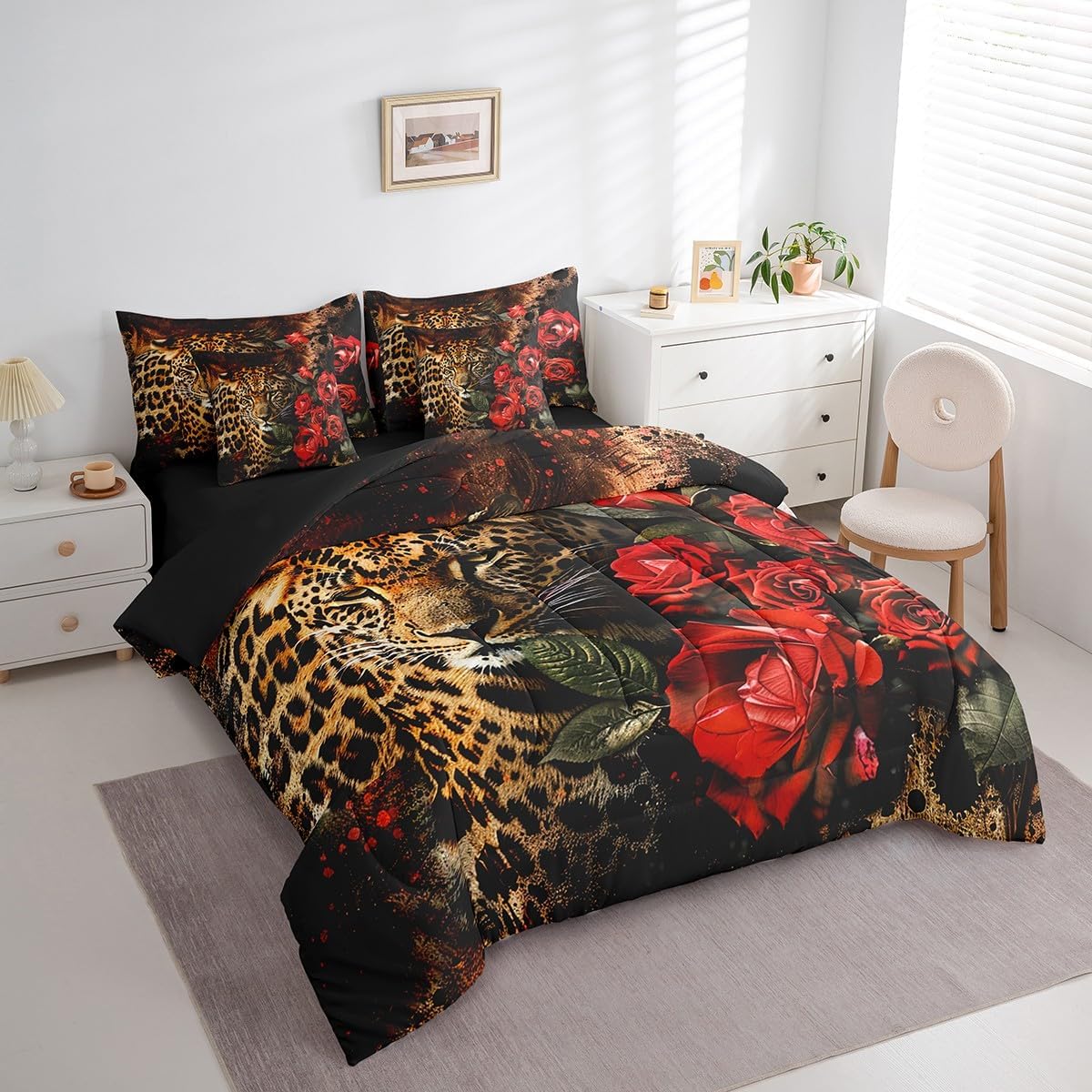 Feelyou Leopard Comforter Set with Sheets King Size 7 Piece for Girls Boys Kids Rose Cheetah Print Bedding Set Room Decorative Leopard Pattern Bed in a Bag Safari Yellow Red Bed Set Room Decor
