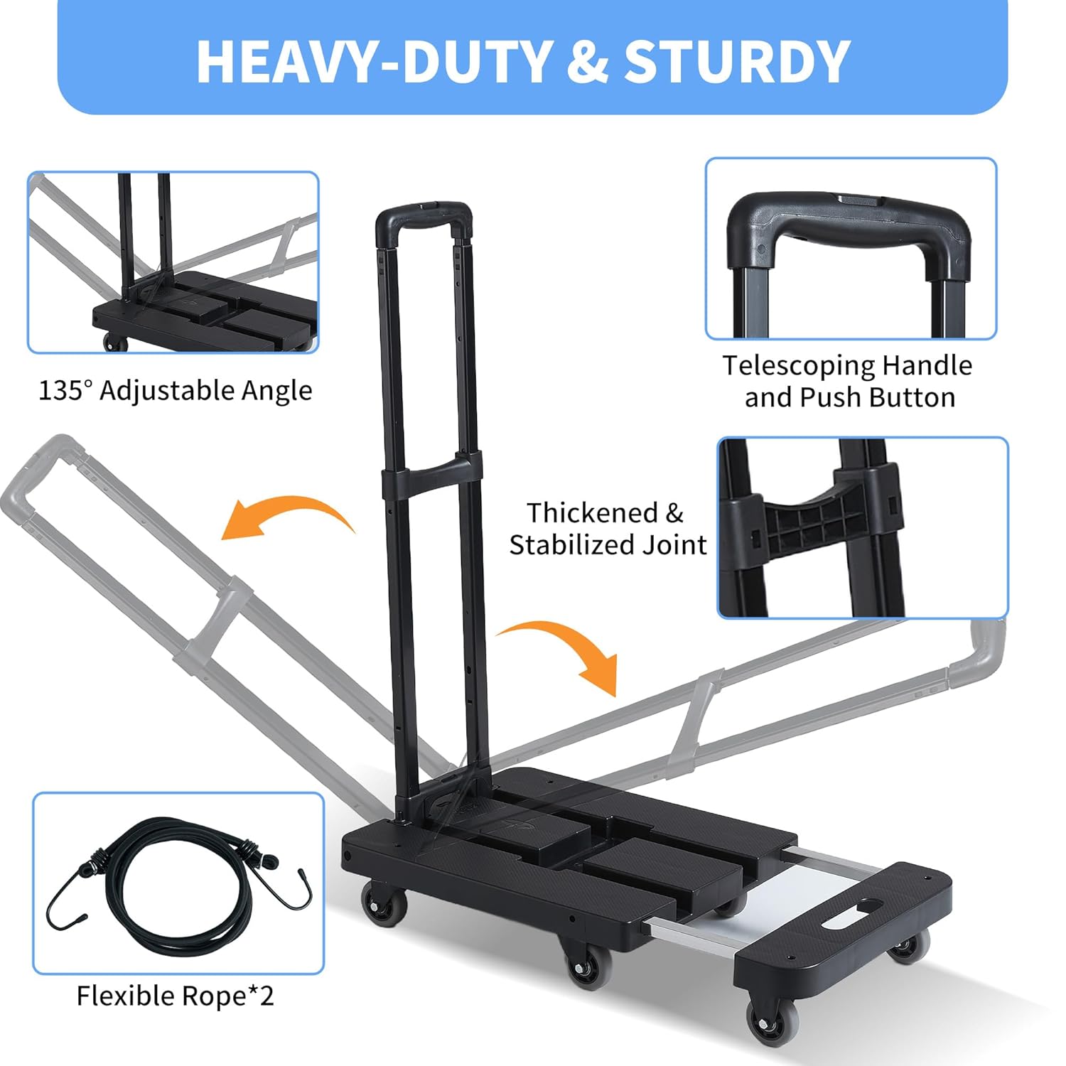 Folding Hand Truck 500 lbs, Heavy Duty Dolly Cart with 26" Widen Platform & 6 Enlarged Wheels, Portable Dolly Cart with Upright Lock for Moving, Luggage, Travel, Home, Office