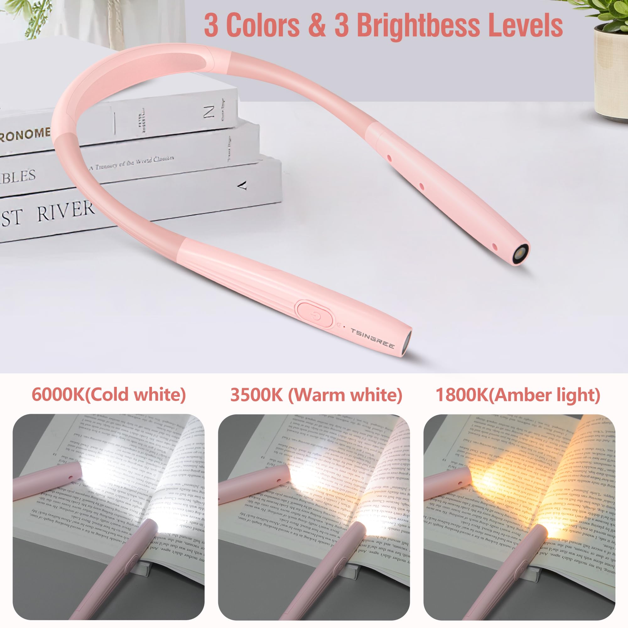 Verbessertes Leselicht, LED-Buchlicht, Typ-C wiederaufladbar, 3 Farben und 3 Helligkeiten einstellbar, Auto-Off-Timer, große Kapazität und langlebig, Nackenlicht, perfekt zum Lesen im Bett