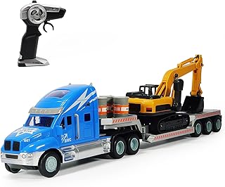 2.4Ghz Remote Control Semi Truck with Excavator-21.7 Inch RC Semi Truck Toy for Kids, Flatbed Truck with Excavator, 1:16 Scale Rechargeable Batterie Fast Speed 1:16 Scale Semi Truck with Excavator Toy