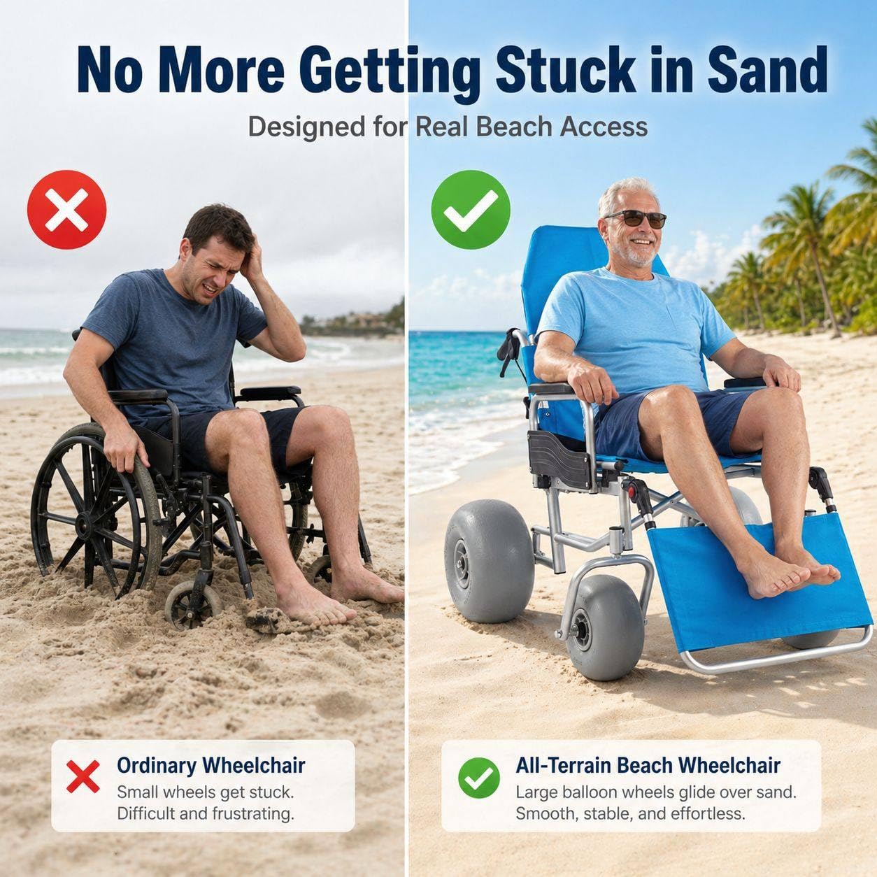 Wózek Inwalidzki Na Plażę Terenowy, Fotel Plażowy Dla Niepełnosprawnych, Koła Balonowe 12" X 9", Regulowane Oparcie 90°‑180°, ładowność 269 Lb, Do Miękkiego Piasku, Trawy, żwiru