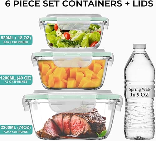 Miniatura 6 de Recipientes de vidrio extragrandes para comida con tapa hermética, 6 piezas [3 contenedores con tapas] aptos para microondas, horno, congelador y