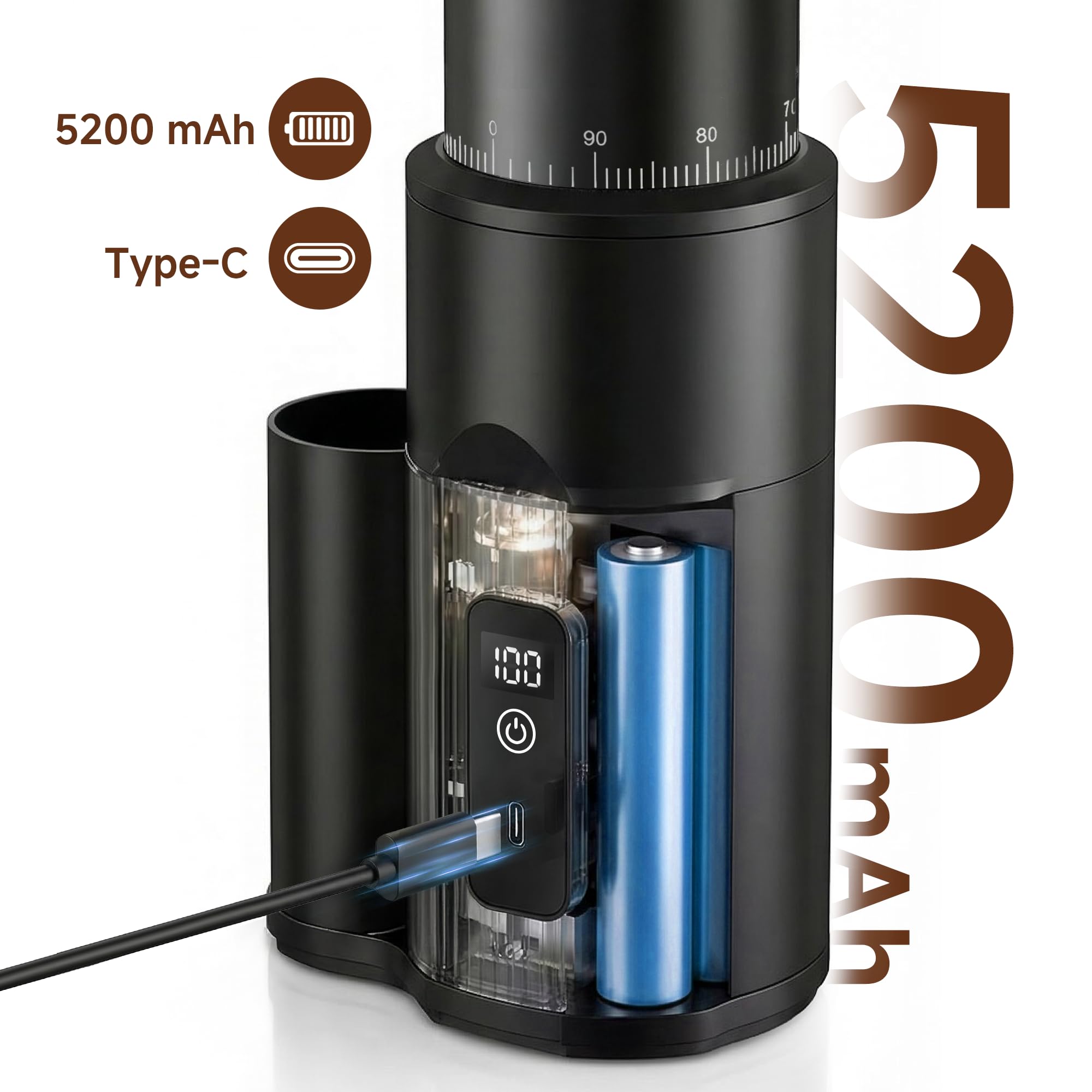HIBREW G5mini Molinillo de Café Portátil Inalámbrico, Batería 5200 mAh | Carga Tipo‑C, 100 Niveles de Molido, Cónicos de Acero Inoxidable 38 mm, Molinillo Eléctrico para Hogar y Viajes