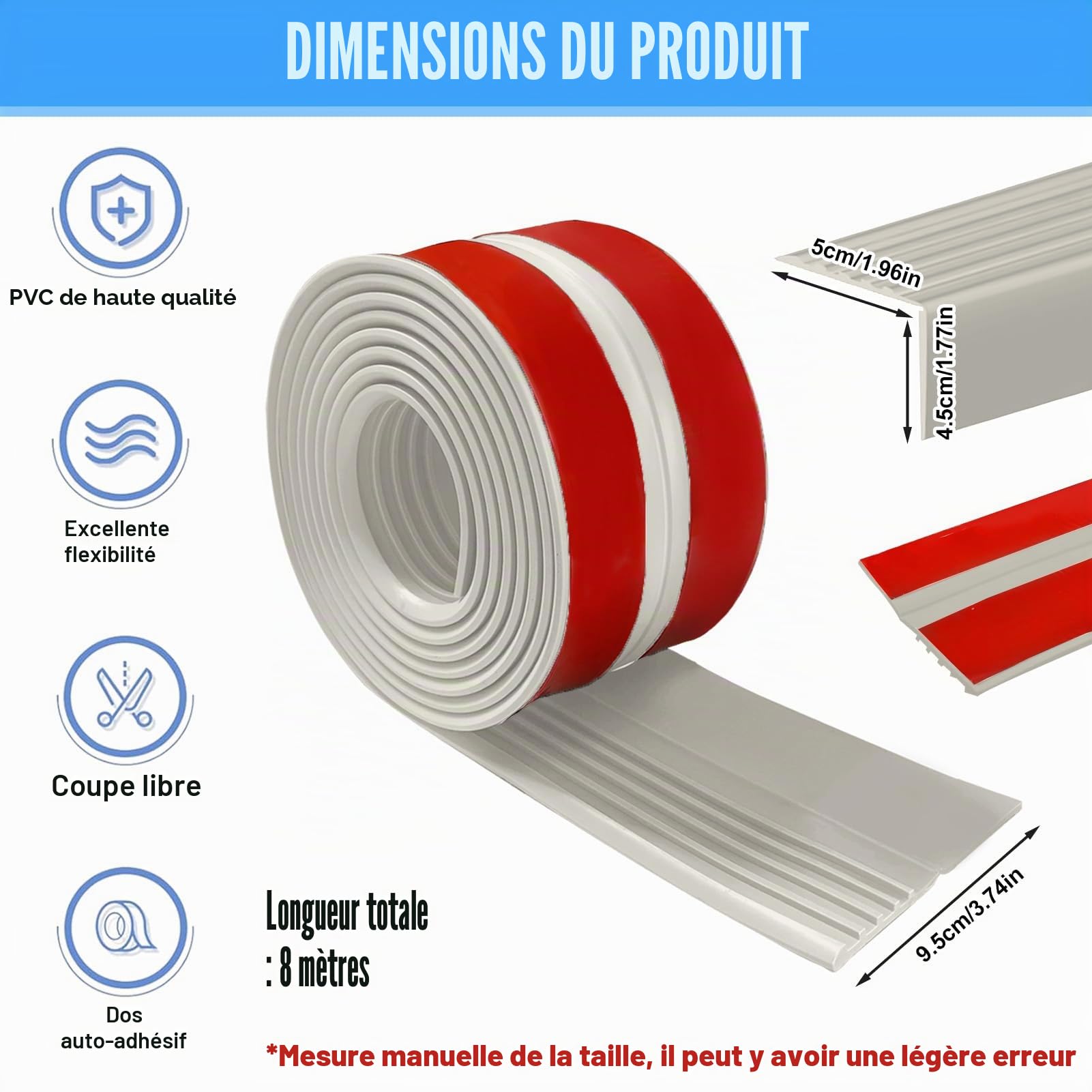 Nez de marche autocollant 8 m, profilé de transition antidérapant, protection des nez de marche, en caoutchouc flexible, pour l'extérieur et l'intérieur, gris