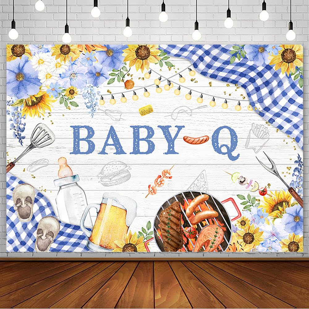 AIBIIN 7x5ft BBQ Baby Shower Backdrop for Boys It’s A BabyQ Newborn Baby Barbecue Party Decoration Supplies Country Rustic Sunflowers Beer Feeding