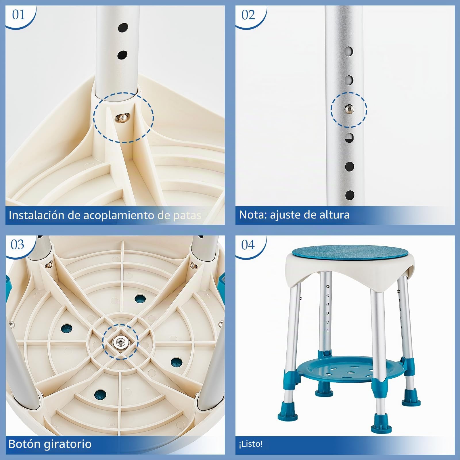 Taburete De Ducha,Asiento De Ducha Giratorio 360°con Patas De Goma Antideslizantes,Taburete Giratorio Mejorado para Personas Mayores,Silla De Baño Ajustable en Altura en 6 Niveles con Estante