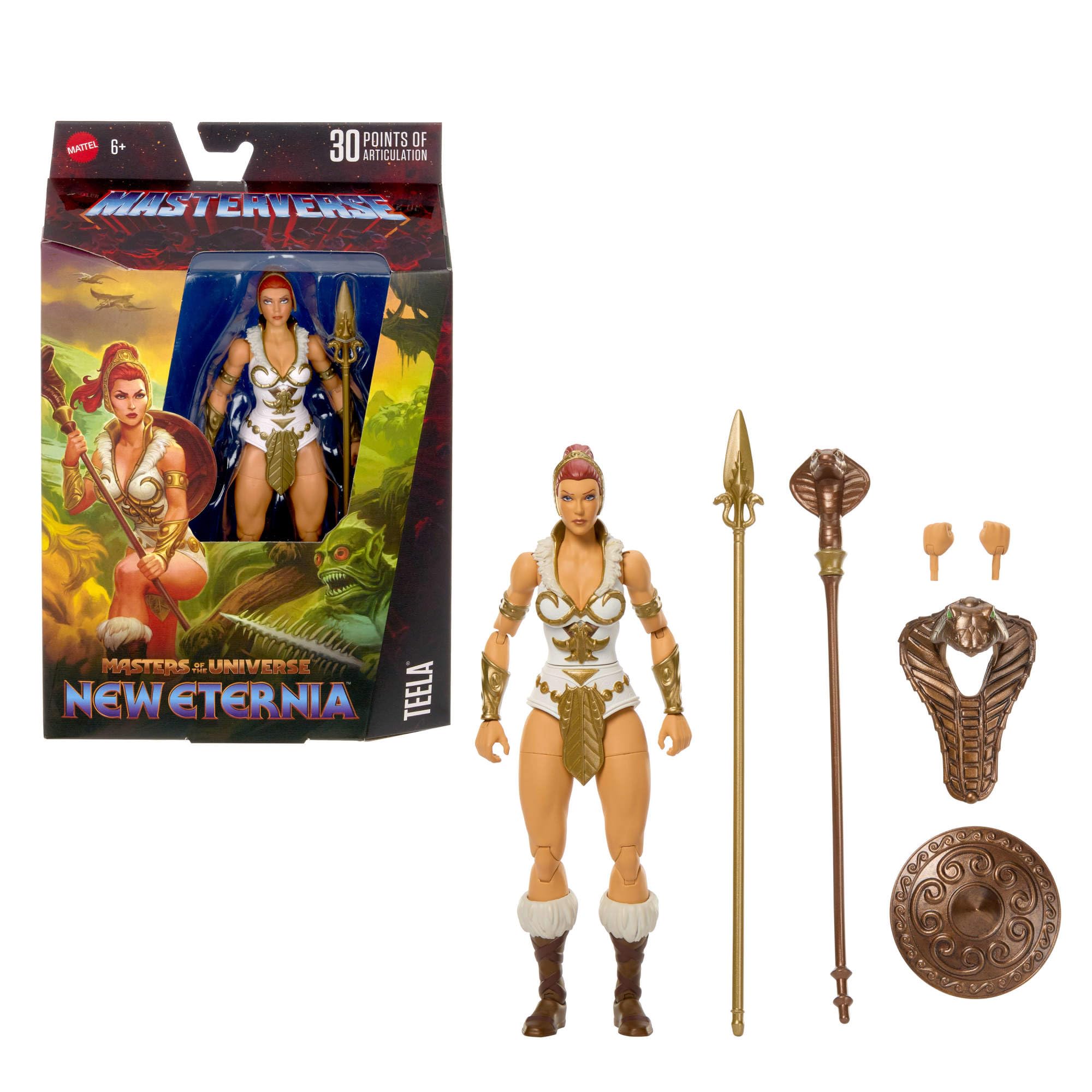 ​Masters of the Universe Masterverse - Teela New Eternia, action figure con 30 articolazioni, cappuccio cobra rimovibile e accessori per le armi inclusi, giocattolo per bambini, 6+ anni, JBP84