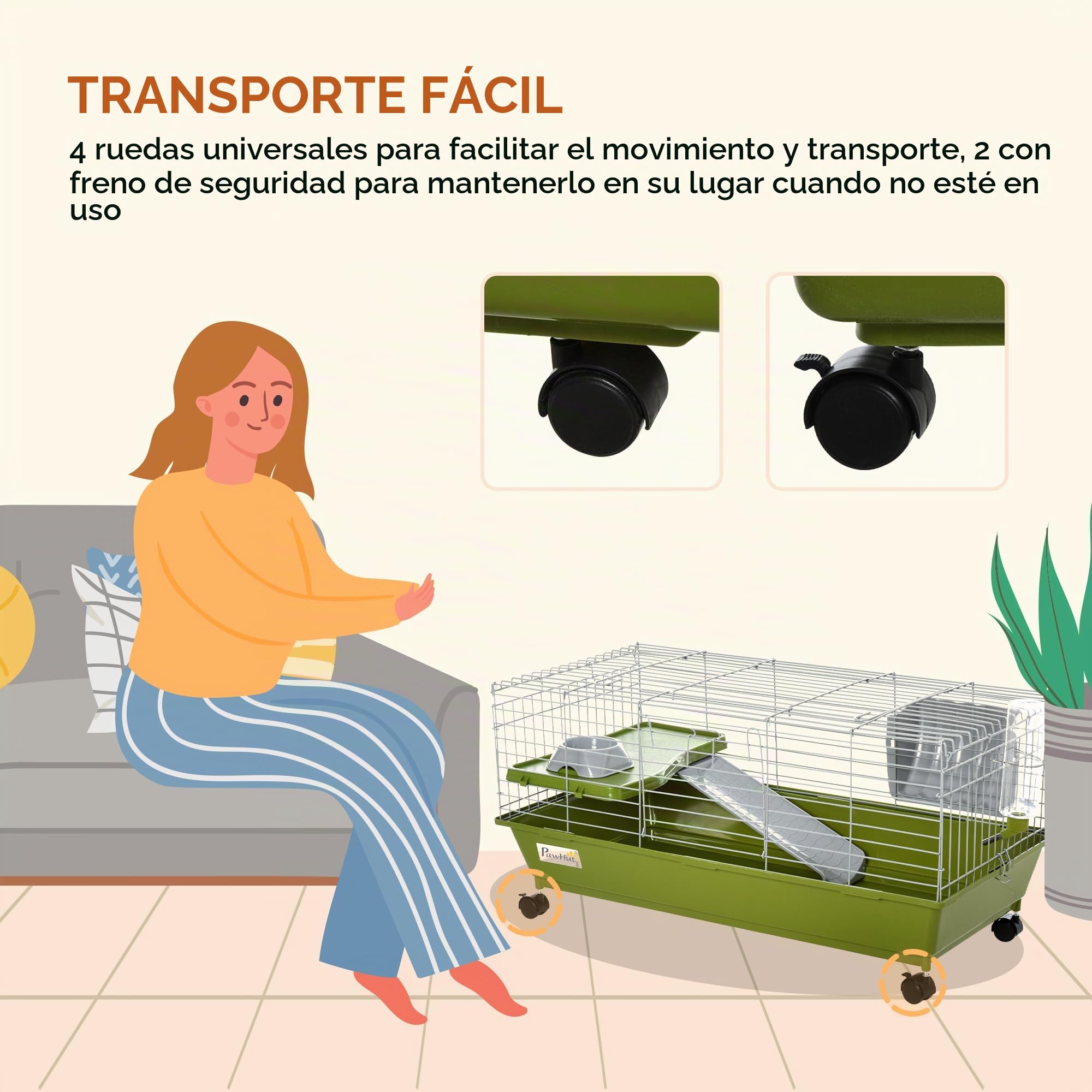 PawHut Jaula Pequeños Conejo Cobaya con Ruedas 89x44x43cm Verde | Jaula para chinchilla, botella de agua, plato, plataforma, rampa