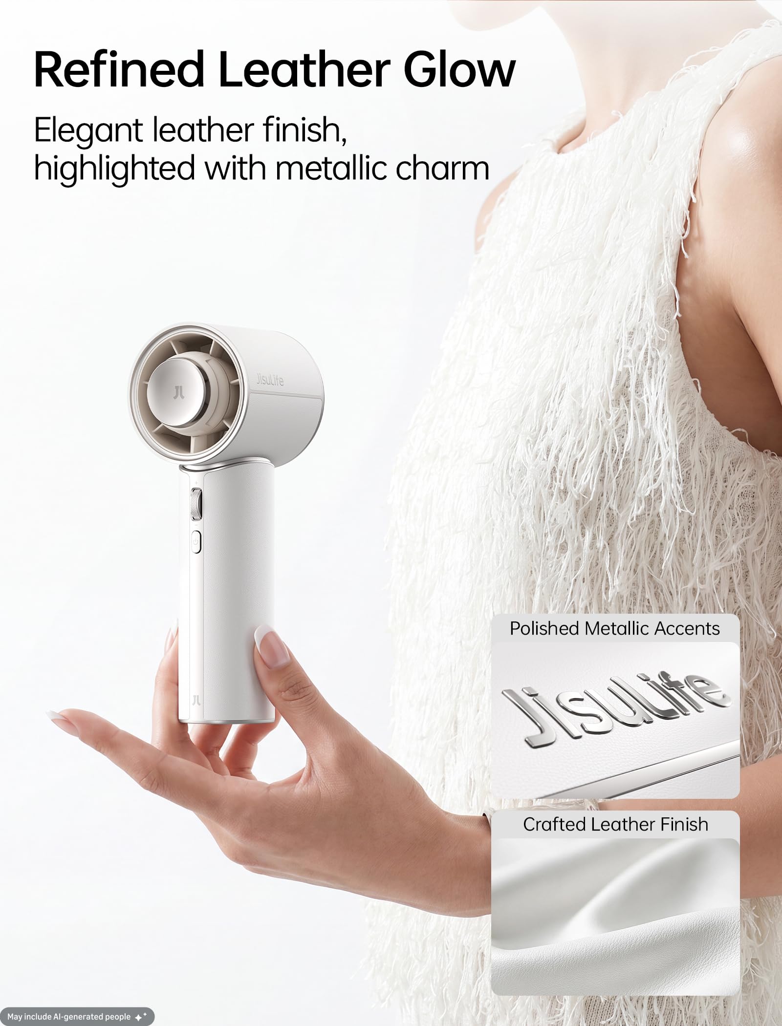 JISULIFE Ventilateur à main, mini turboréacteur portable en cuir PU de haute qualité, [jusqu'à 30 heures de refroidissement], 1-100 vitesses, ventilateur USB pour voyage - blanc