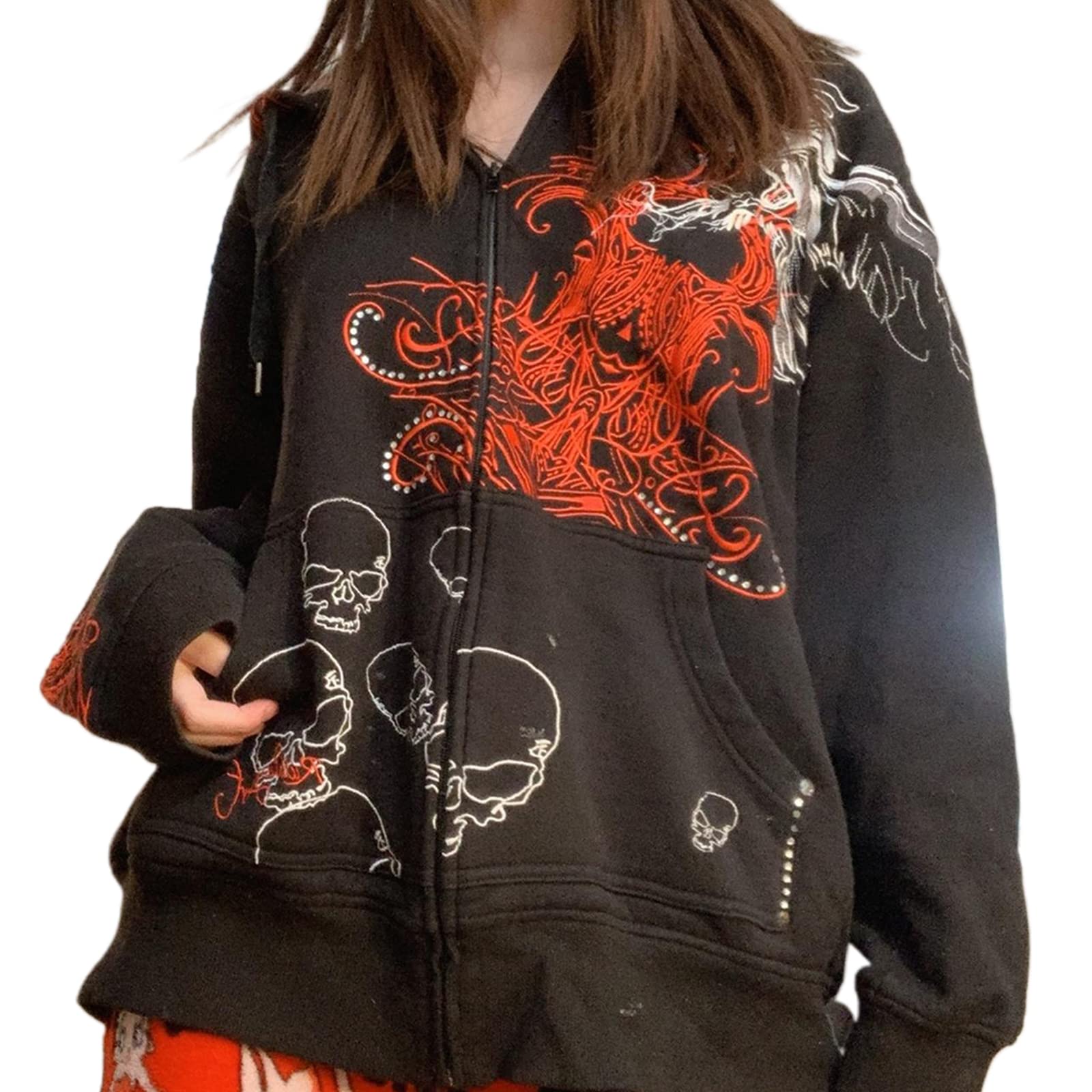 Karwuiio Sudadera con capucha y cremallera para mujer y hombre, diseño vintage Y2k, sudadera de gran tamaño, chaqueta gótica para la calle
