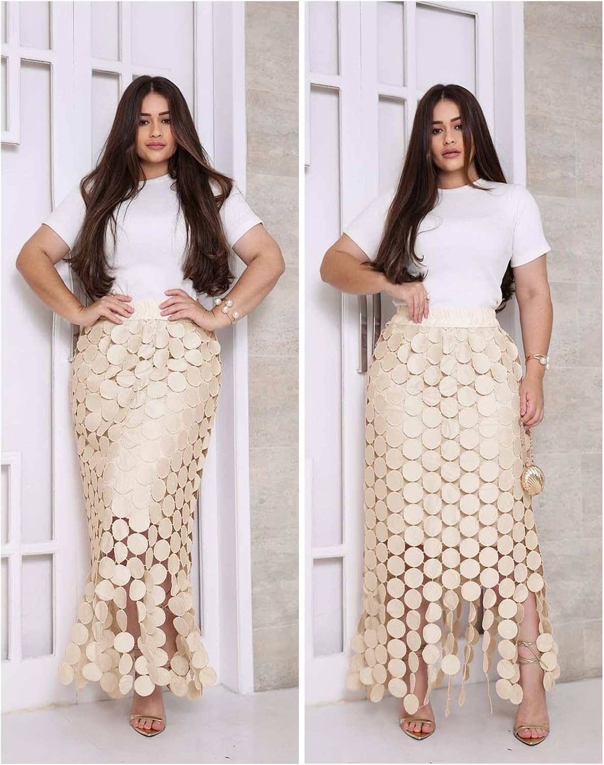 Flygo Womens Maxi Skirt 2025 Summer Boho Hollow Out Fringe Hem High Waisted Lace Long Skirts for Party Wedding Beach - Image 4