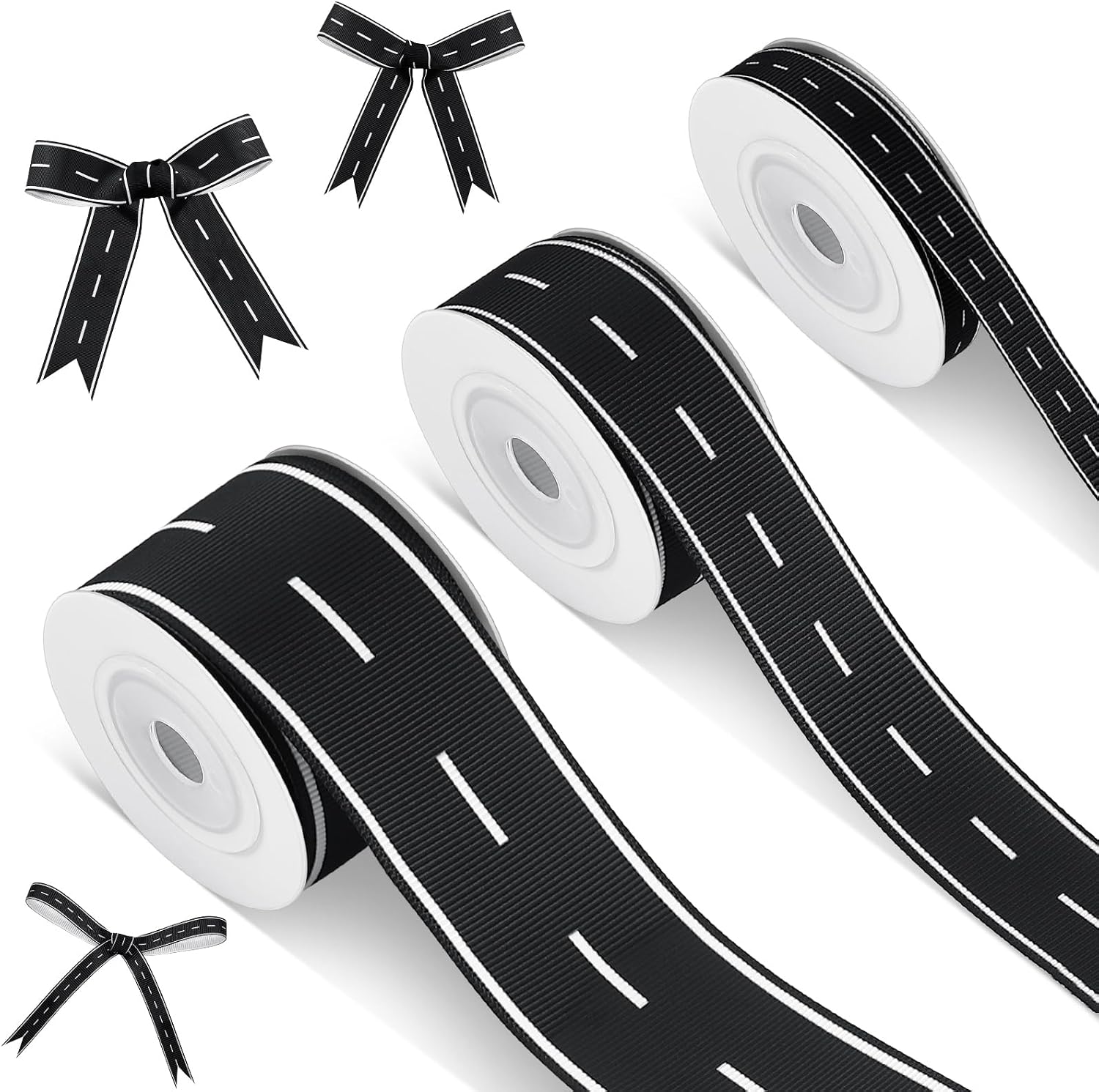 3 Rolls Christmas Black Roadway Ribbon Grosgrain Printed Ribbon Racing Car Theme Printed for DIY Crafts Wreath Party, 0.4, 0.87, 1.5 Inch Wide, 15 Yard