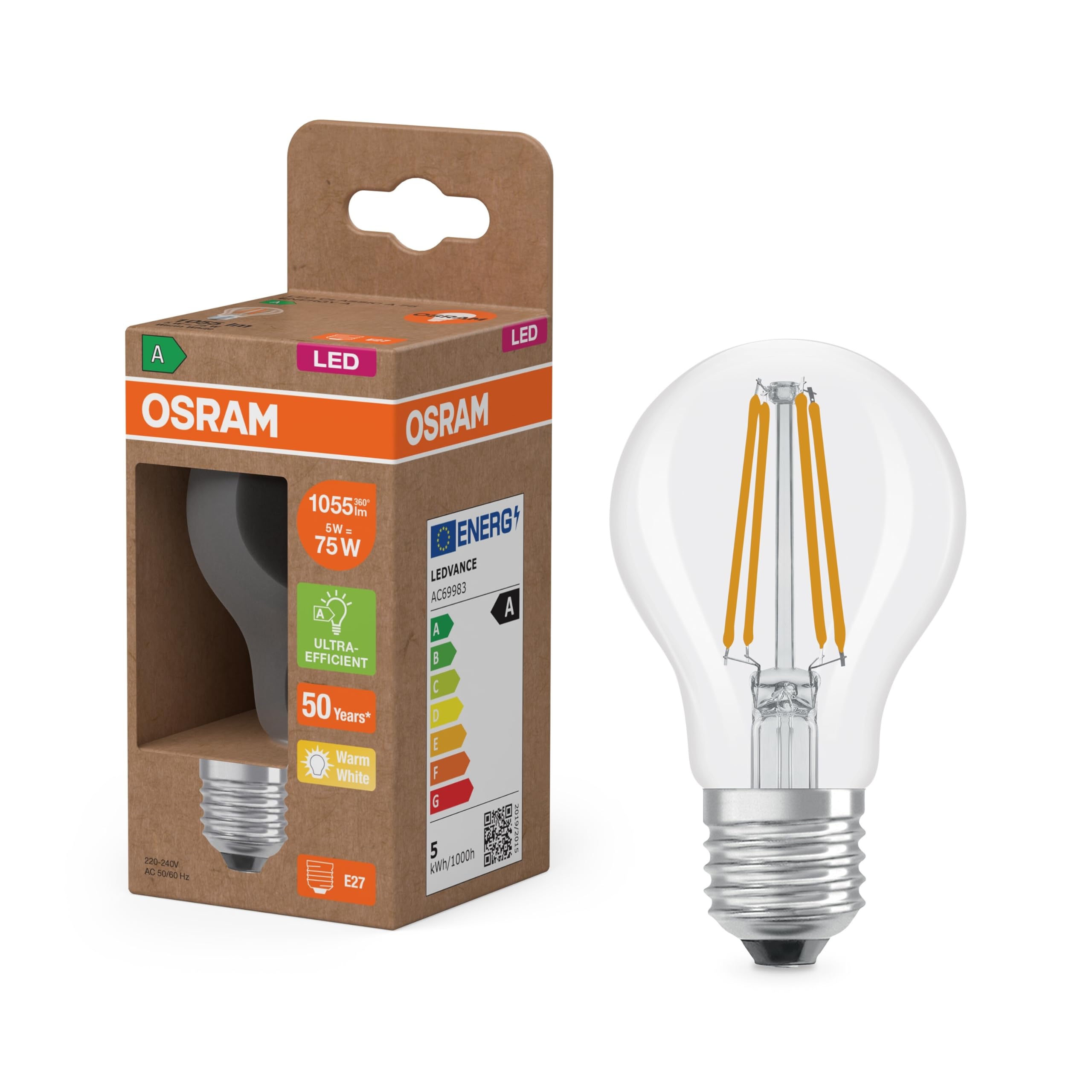 Osram LED Superstar Classic LED Lamp A 75 Classic Bulb Shape Clear Glass Body 5W 1055lm E27 Socket 2700K for Warm White Light Energy Efficiency A 60mm Diameter — image 1