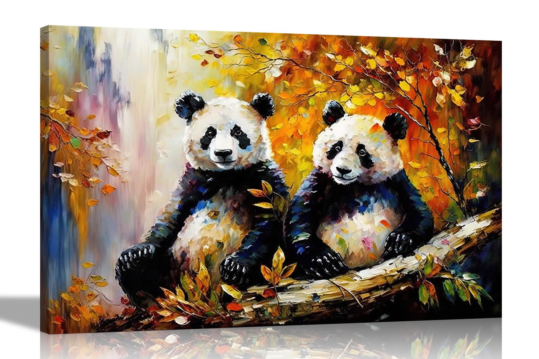 Artley Prints Pandas Sitting In Autumn Forest - Pandas In Autumn Forest Canvas Wall Art | Framed Pictures For Living Room, Bedroom | Modern Prints Artwork For Hanging Large 86 X 61Cm (34 X 24 Inches) A1