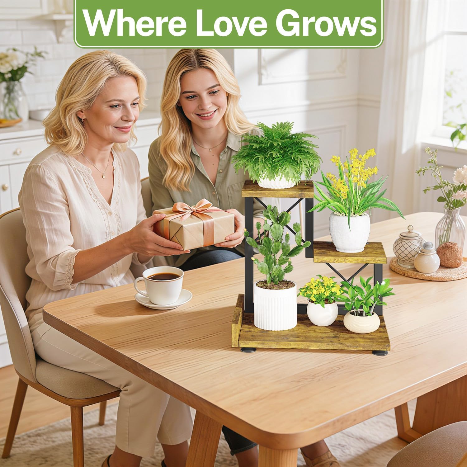 iDavosic.ly Small Table Top Plant Stand, 3 Tier Succulent & Flower Pot Holder for Desktop, Space-Saving Countertop Organizer Shelf for Office and Home Decor, Black Brown