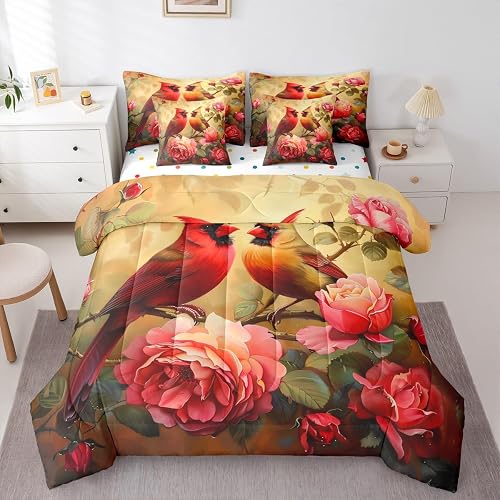 Erosebridal Cardinal Comforter Set 7 Piece Bed in a Bag Twin,Red Rose Bedding Se
