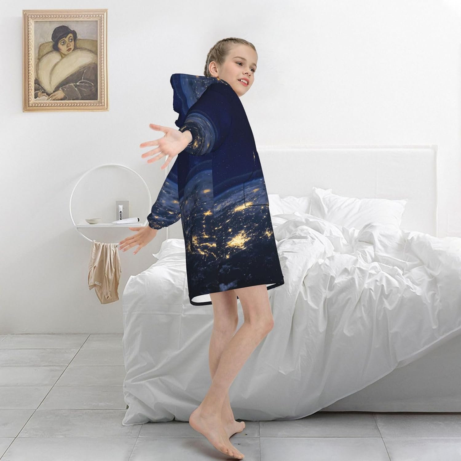 View Of Earth Print Oversized Blanket Hoodie, Wearable Blanket Hooded,Hooded Pullover With Pocket